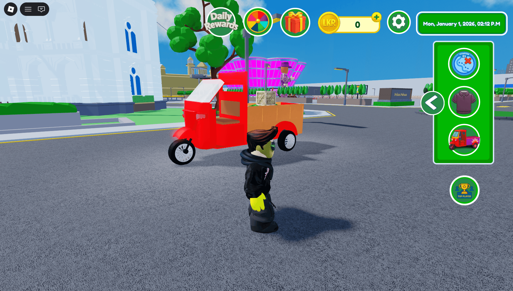 Discover Ceylon in-game screenshot – tuk-tuk and Lotus Tower